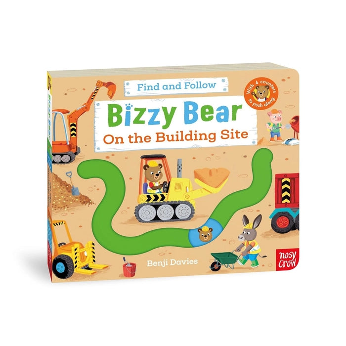 Book cover of 'Bizzy Bear On the Building Site' with colorful illustrations and text.