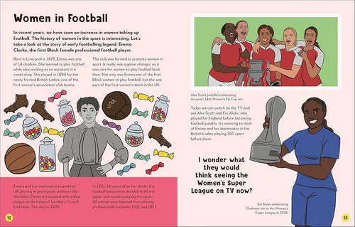 Educational page about women in football with illustrations and text.
