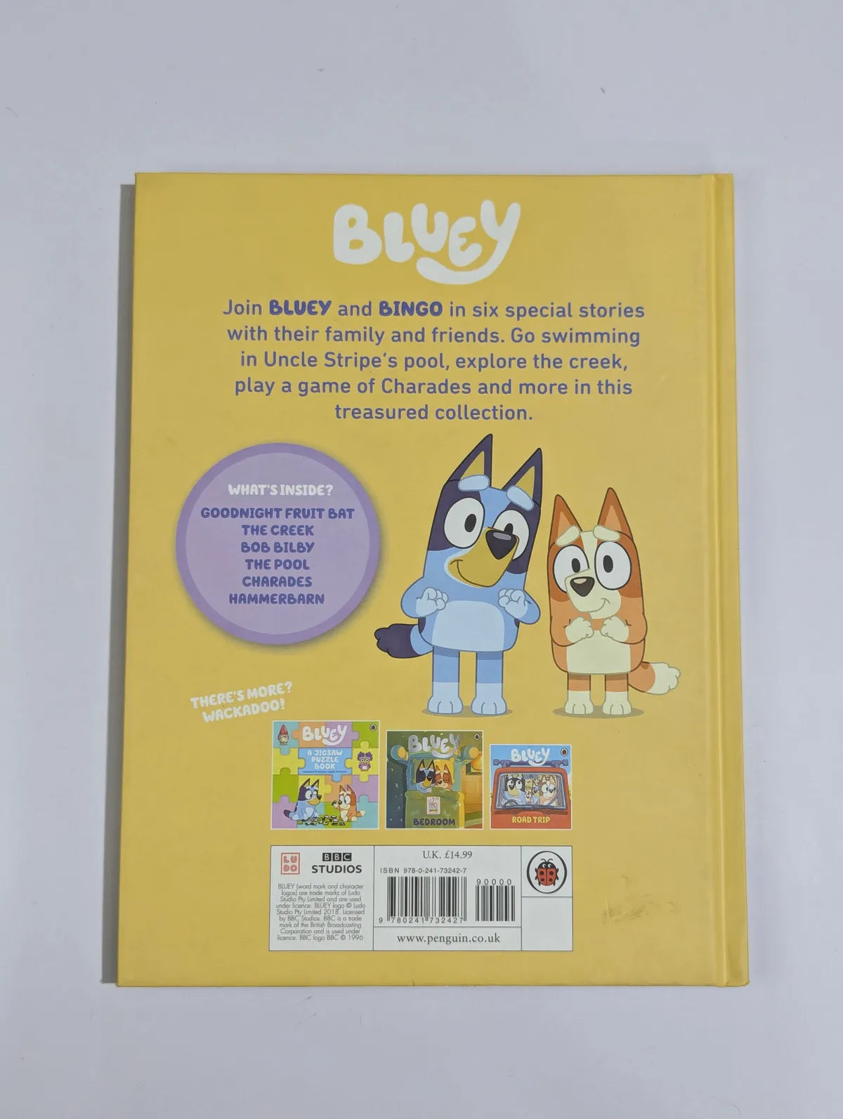 Back cover of a children's book featuring Bluey and Bingo with text and graphics.