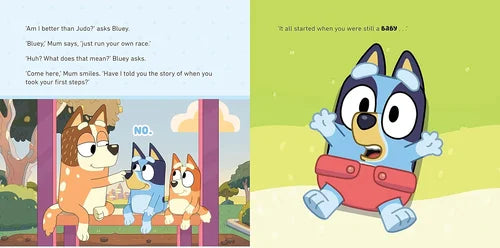 Illustrated book pages featuring cartoon characters with a child-like narrative.