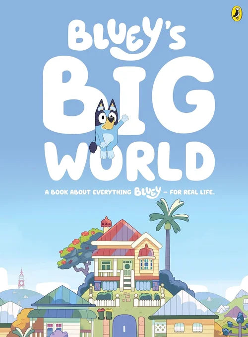 Book cover of 'Bluey's Big World' with a cartoon character and house illustration.