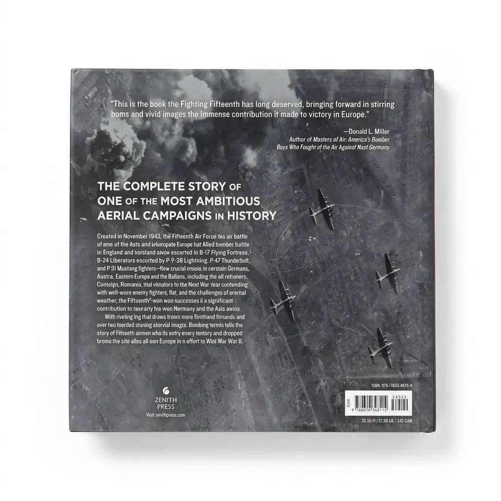 The back cover of a book titled 'The Complete Story of One of the Most Ambitious Aerial Campaigns in History' by Daniel L. Miller, published by Zenith Press.