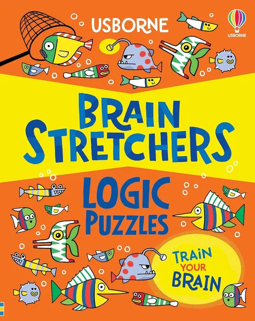 Book cover of 'Brain Stretchers Logic Puzzles' by Usborne with colorful fish illustrations on an orange and yellow background.