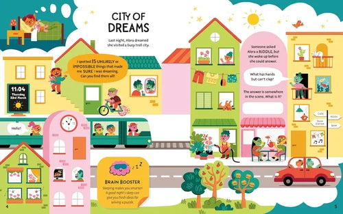 Illustrated city scene with colorful buildings and characters, featuring text and graphics.