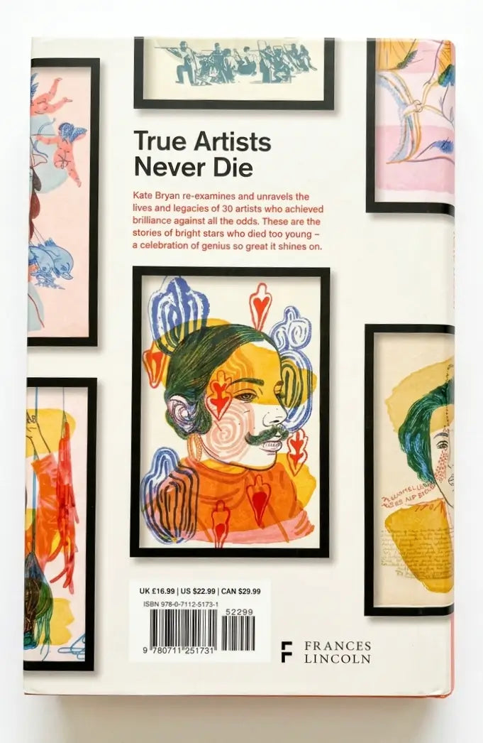 Book cover of 'True Artists Never Die' with artistic illustrations and text.