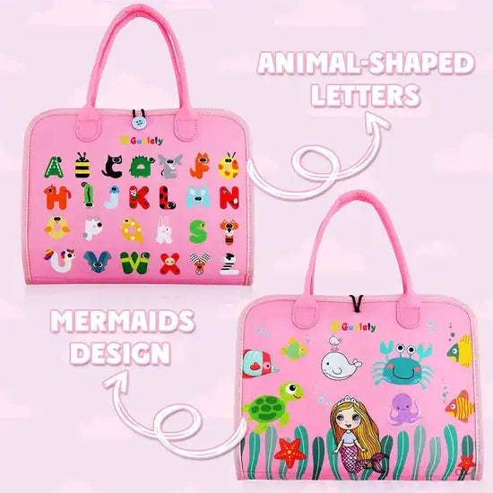Pink bags with animal-shaped letters and mermaid design on a light pink background