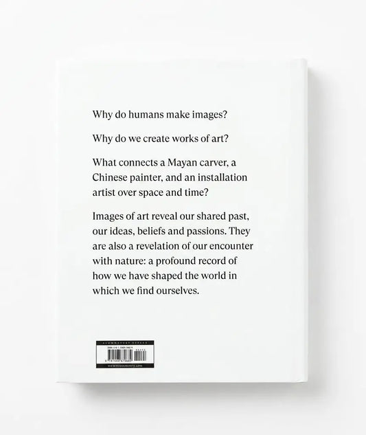 The back cover of a book, shown as a clean white rectangular product on a light gray background. The cover features black serif text with philosophical questions about art and humans, plus a barcode at the bottom.
