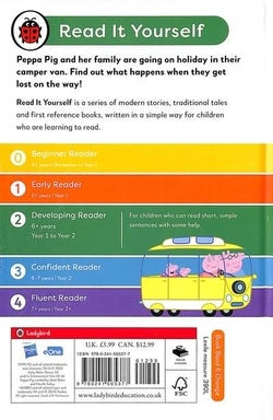 Book cover of 'Read It Yourself' with Peppa Pig and family in a camper van, featuring reading level indicators.