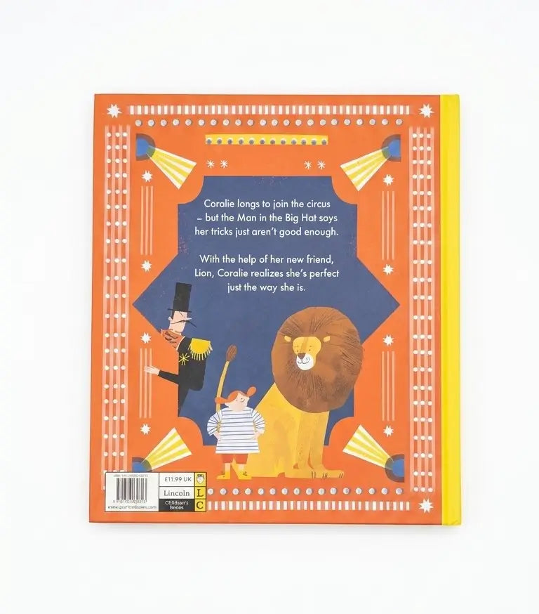 The back cover of a children's picture book titled 'Coralie longs to join the circus' by Jacqueline King, featuring a vibrant orange and yellow design with circus-themed illustrations.