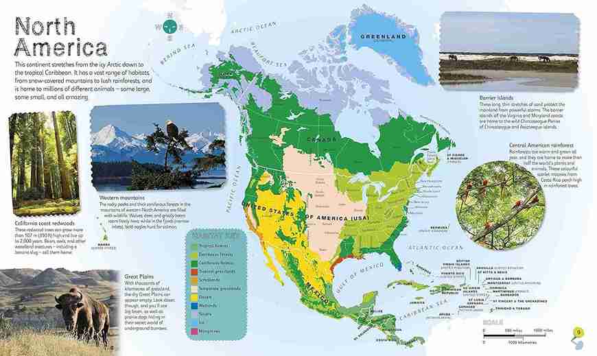 Map of North America with various regions highlighted and images of landscapes and animals.