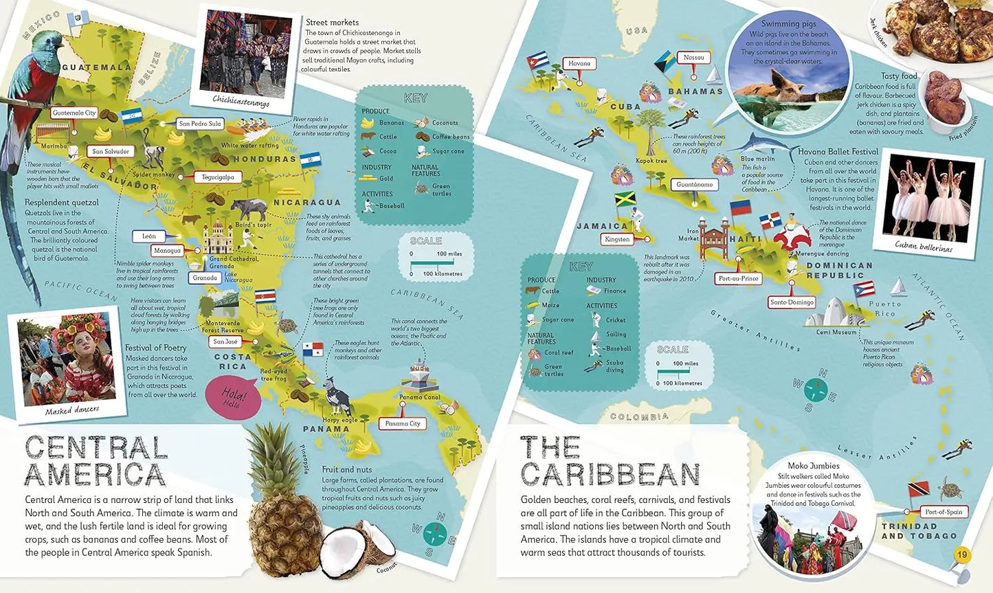 An educational travel poster map of Central America and the Caribbean, featuring illustrated regions, cultural photos, flags, and descriptive text on a light blue background.