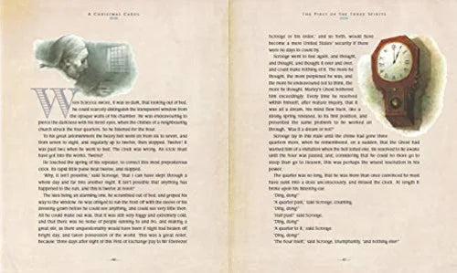 Open book with illustrations of a dog and a clock, featuring text.