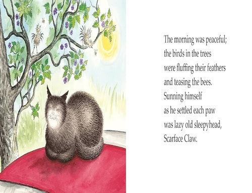 Illustration of a cat sitting on a red rug with a tree and birds in the background, accompanied by a poem.