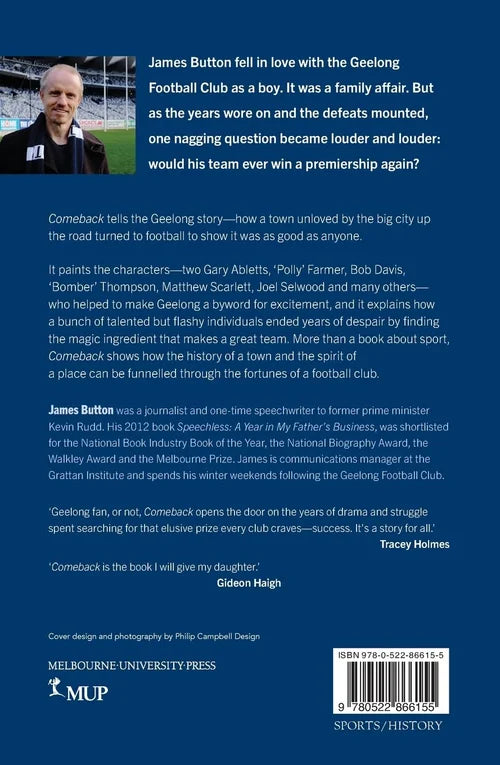 Book cover of 'Comeback' by James Button with text and a photo of a man on a sports field.