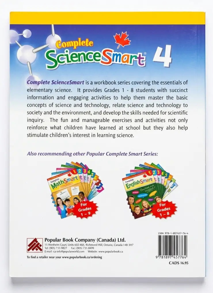 Back cover of a 'Complete ScienceSmart' workbook series with text and graphics.