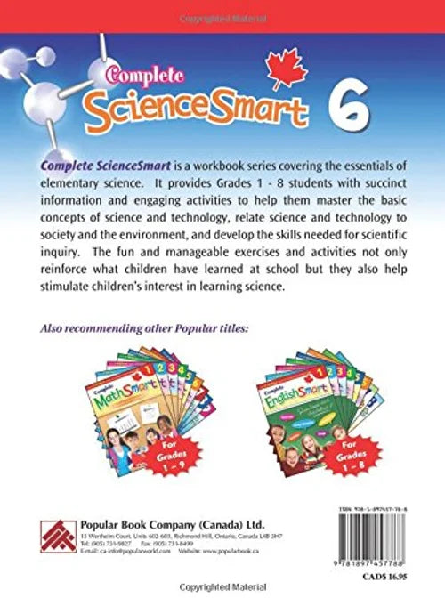 Back cover of a 'Complete ScienceSmart' workbook for Grade 6 with educational content and branding details.