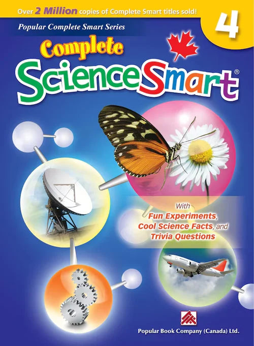 Book cover of 'Complete Science Smart' series, book 4, featuring a butterfly, satellite, and airplane on a blue background.