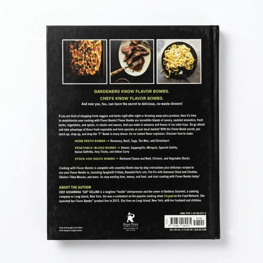 The back cover of a book, photographed flat against a white background. The cover is black with three rectangular food photos at the top, a block of white text in the center, an author bio on the lower left, and a barcode with logo at the bottom right.