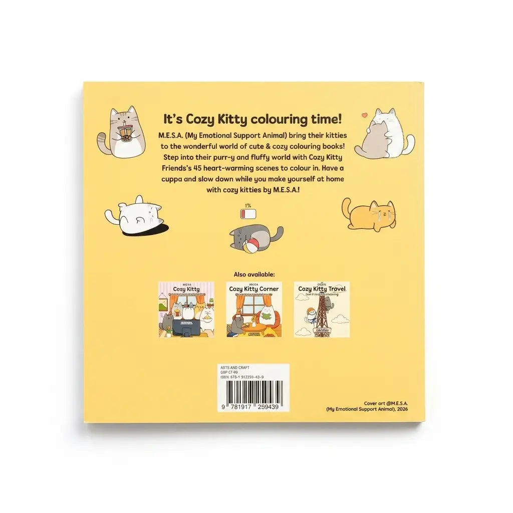 The back cover of a yellow book titled 'It's Cozy Kitty colouring time!' showing product information, illustrations of cats, and small images of included coloring books on a white background.