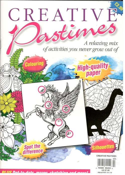 Magazine cover of 'Creative Pastimes' with coloring and silhouette activities.