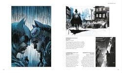 Illustrated book or magazine spread with superhero characters and cityscape.