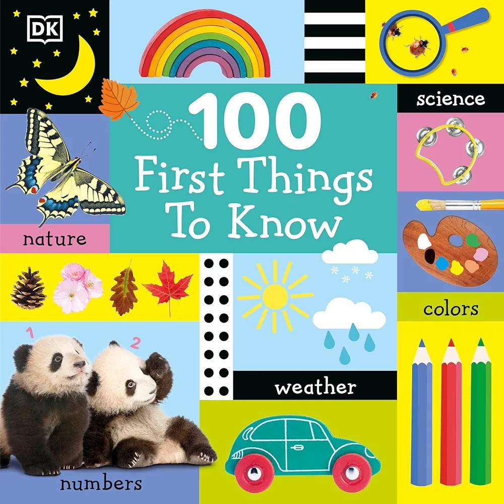 A colorful board book cover titled '100 First Things To Know' featuring illustrations of pandas, a butterfly, a rainbow, and various other elements representing science, nature, colors, and weather.