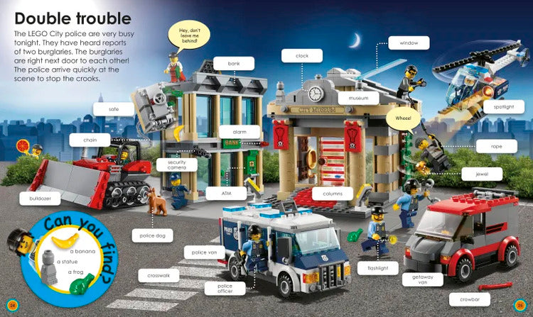 LEGO City police station set with various vehicles and figures on a city street background.