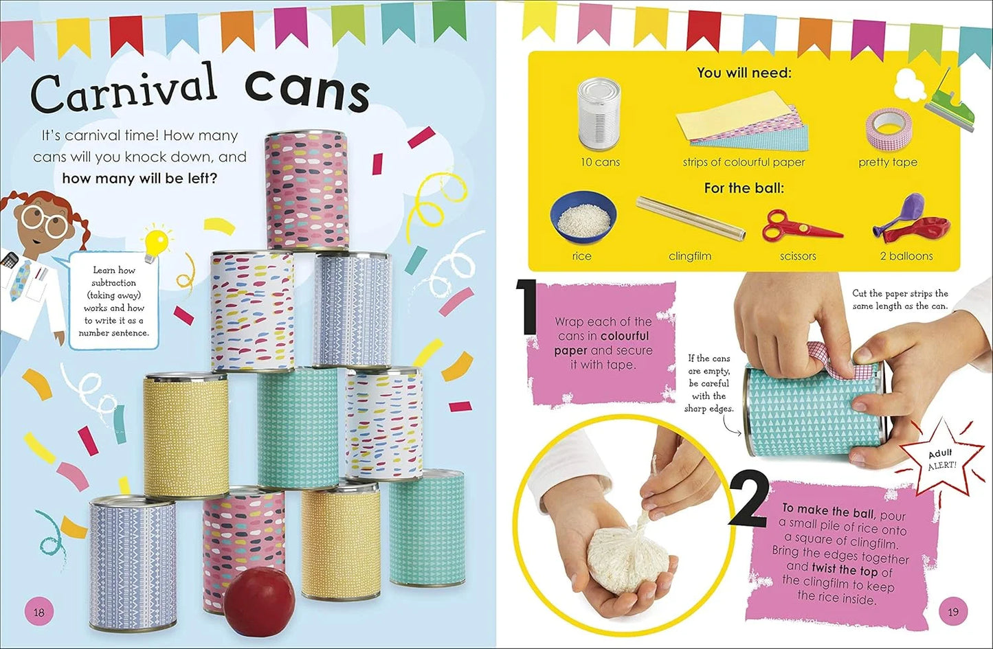 Instructions for a carnival can game with colorful cans and a ball.