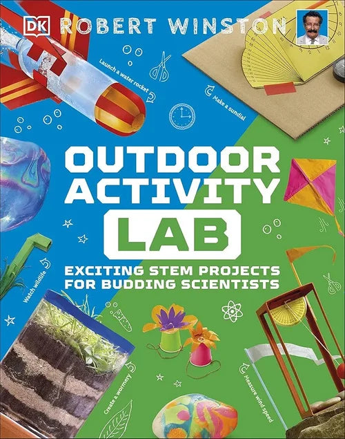 Book cover of 'Outdoor Activity Lab' by DK with STEM project images on a blue and green background.