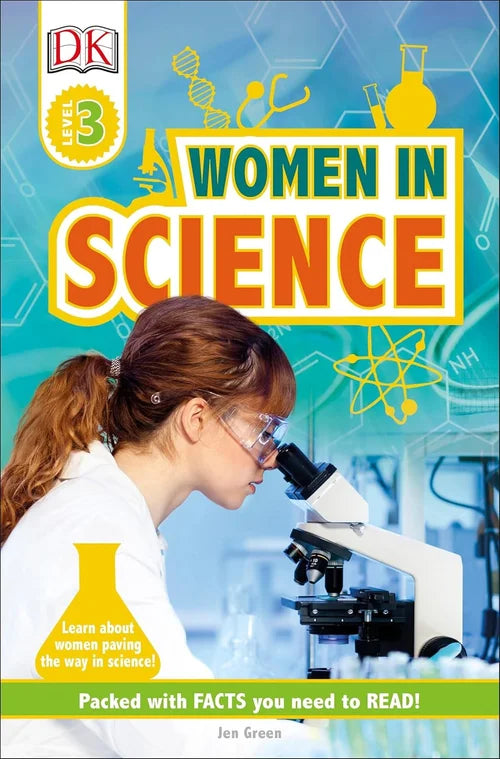Book cover of 'Women in Science' with a woman looking through a microscope on a blue background.