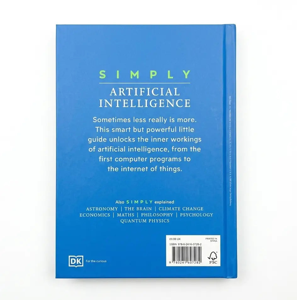 The back cover of the book 'Simply Artificial Intelligence' by DK, featuring a bright blue background with white and light green text, a barcode, and the DK logo.