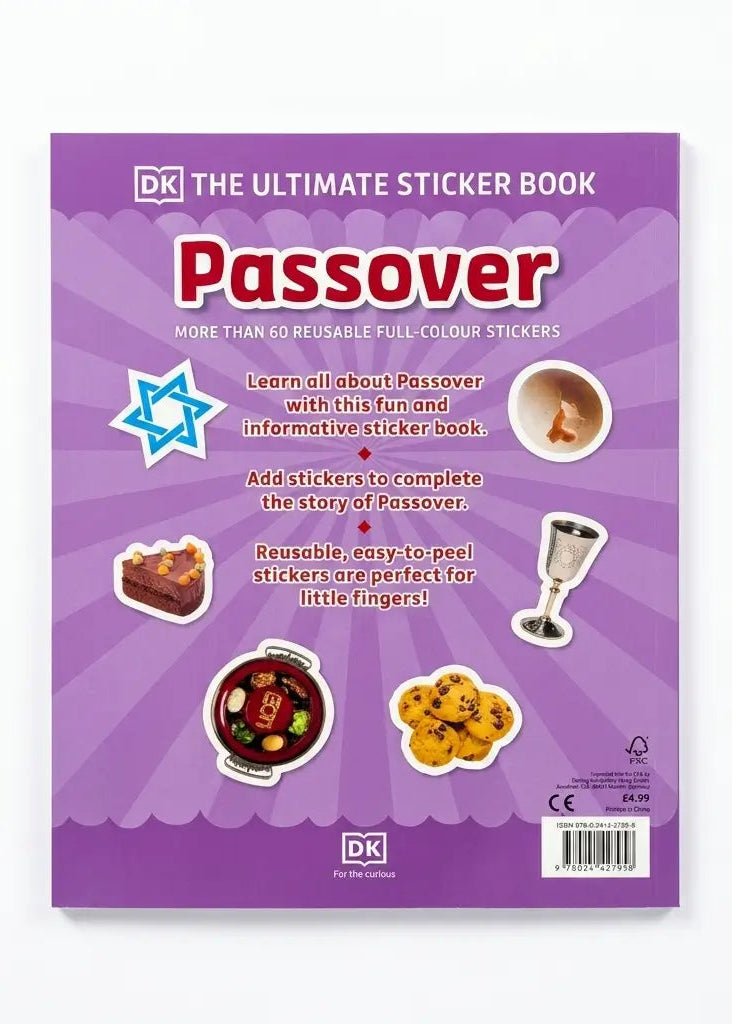 The Ultimate Sticker Book: Passover by DK, featuring a purple cover with illustrations of Passover-themed stickers and text describing the book's contents.