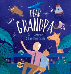 Book cover of 'Dear Grandpa' with illustrations of a grandfather and grandson in a jungle setting.