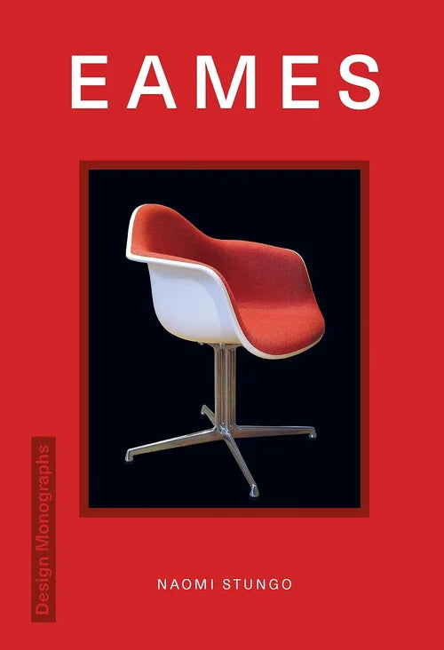 Book cover of 'Eames' featuring a red and white chair on a black background with 'Eames' text at the top.