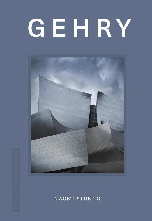 Book cover of 'Gehry' by Naomi Stungo with a photograph of architectural design on a blue background.