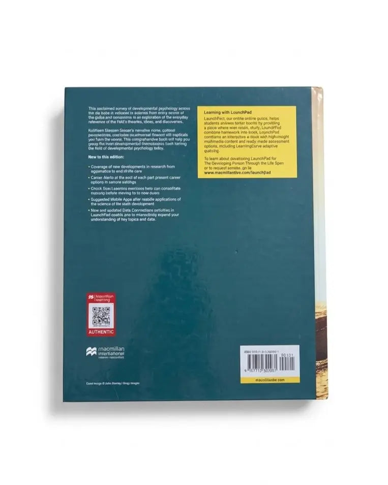 The back cover of a book, shown against a plain white background. The cover is a dark teal blue with white text, a yellow highlighted box, a red and white QR code on the bottom left, and a barcode on the bottom right.