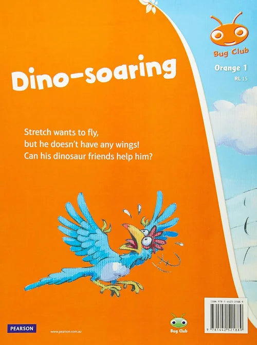 Book cover of 'Dino-soaring' from Bug Club with a dinosaur illustration on an orange background.