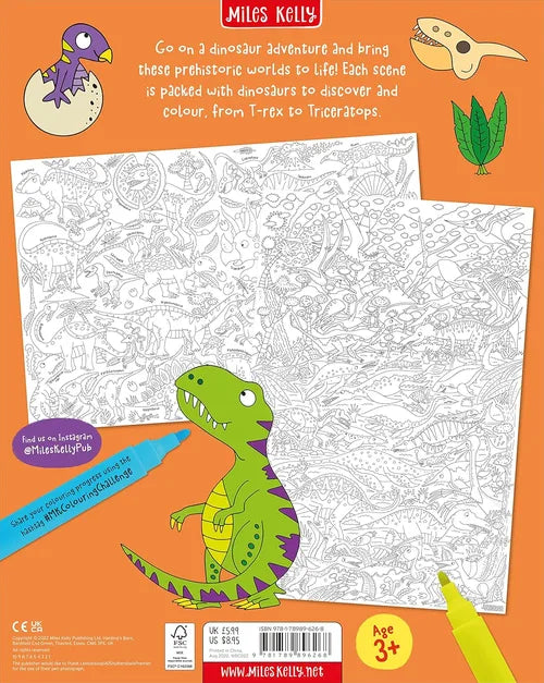 Coloring book page with dinosaurs and Miles Kelly branding on an orange background