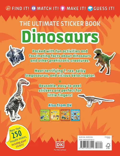Book cover of 'The Ultimate Sticker Book Dinosaurs' with dinosaur illustrations and text on an orange background.