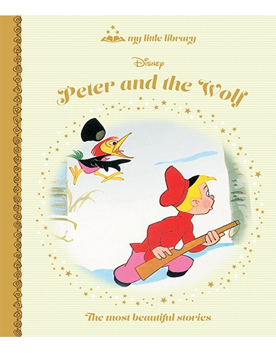 Book cover of 'Peter and the Wolf' with animated character and birds on a light yellow background.