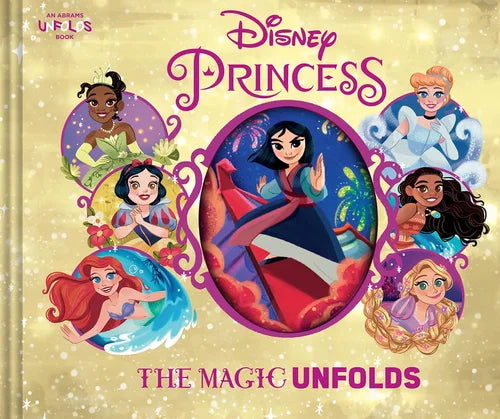 Disney Princess book cover with characters and 'The Magic Unfolds' text on a beige background