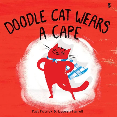 Book cover of 'Doodle Cat Wears a Cape' with a red cat illustration on a red background.