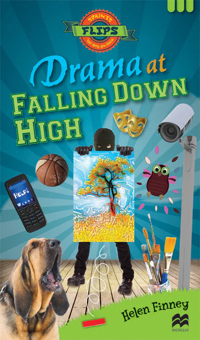 Book cover of 'Drama at Falling Down High' with various props and a dog on a blue background.