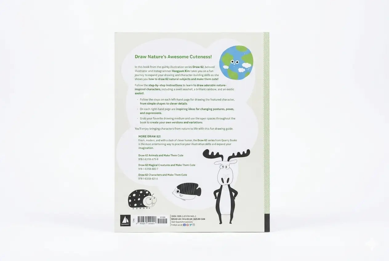 Back cover of a book with illustrations and text on a white background