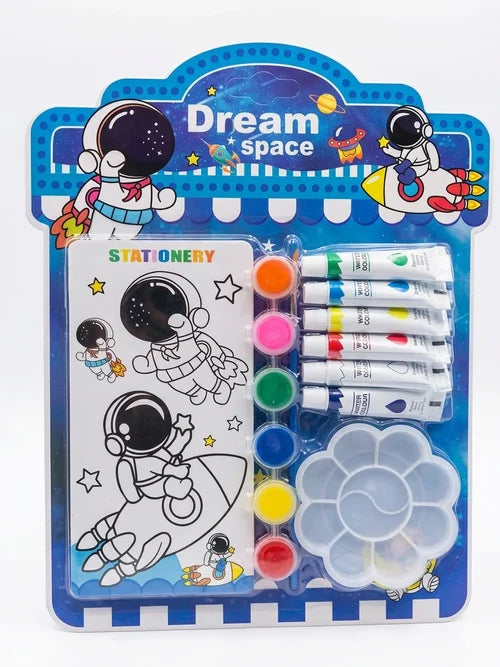 Children's art set with space-themed stationery and paint supplies on a blue and white striped background.