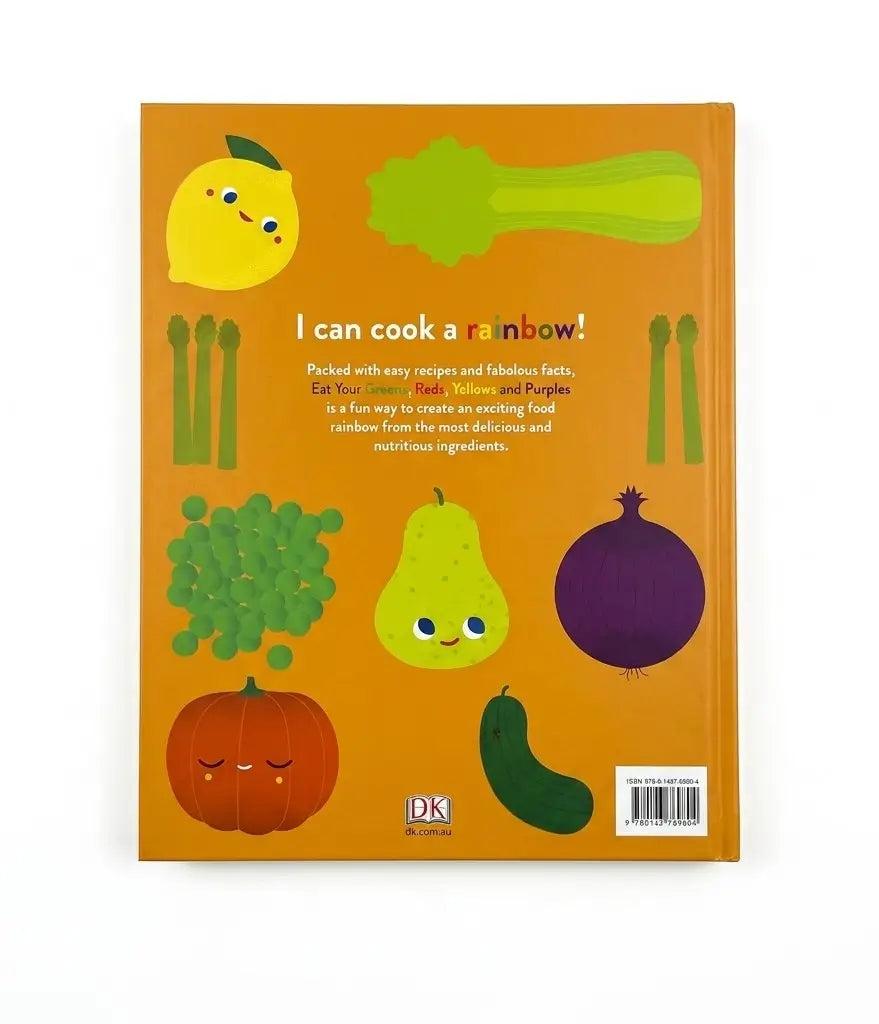 The back cover of a children's book titled 'I can cook a rainbow!' featuring colorful cartoon illustrations of vegetables on an orange background, with the DK logo at the bottom.