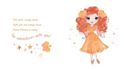 Cartoon girl with red hair and an orange dress on a white background