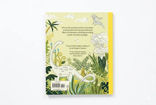 Book cover with dinosaur illustration and jungle-themed design on a yellow background