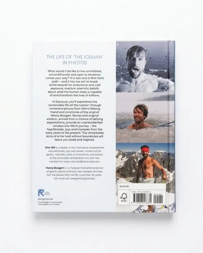 The back cover of the book 'The Life of the Iceman in Photos' by Henry Bouger, featuring a white background with a large photograph of two men in the water, descriptive text, and publisher logos.