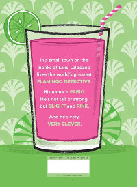 Pink drink with text about a flamingo detective on a green background